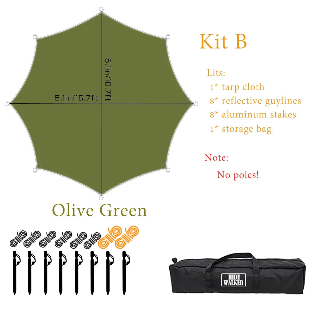 Octagon 5x5 Black Coating Tarp for 12 People Ultra Large Outdoor Camping Black Coated Tarp Waterproof Octagonal Sunshade Awning