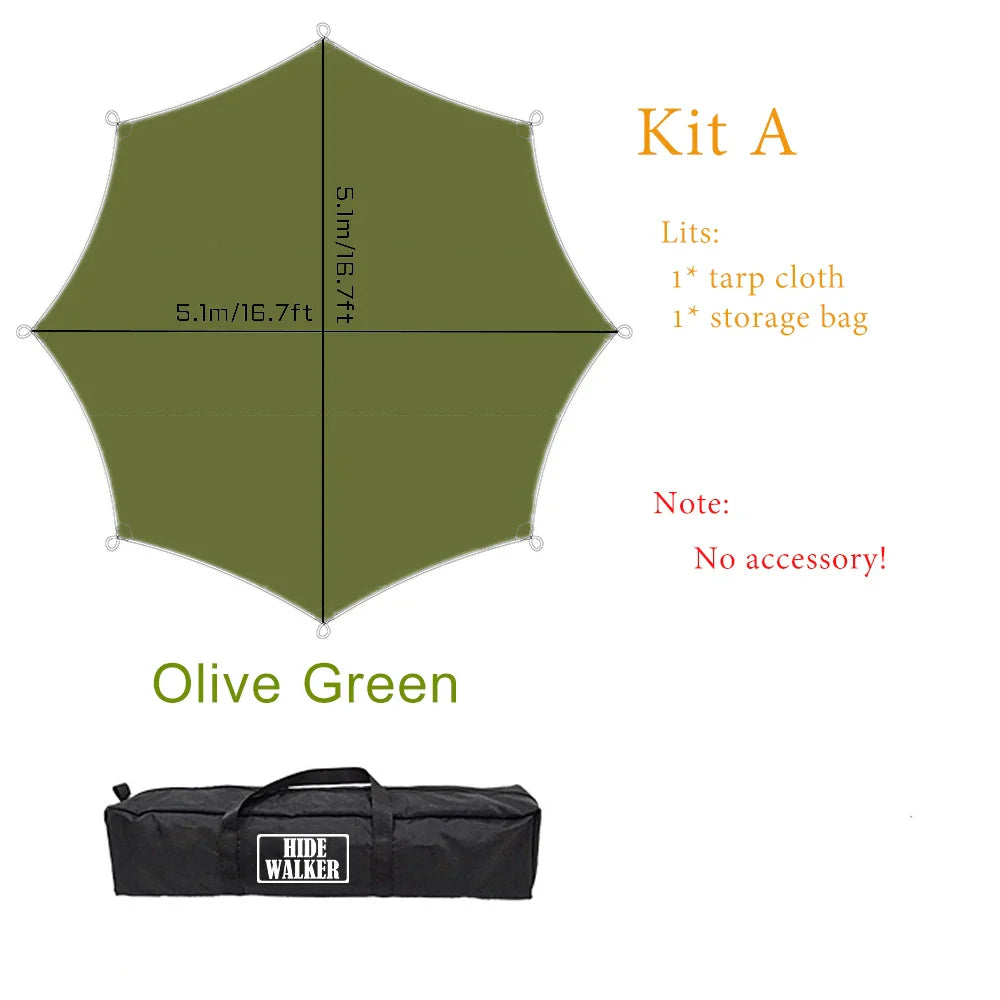 Octagon 5x5 Black Coating Tarp for 12 People Ultra Large Outdoor Camping Black Coated Tarp Waterproof Octagonal Sunshade Awning